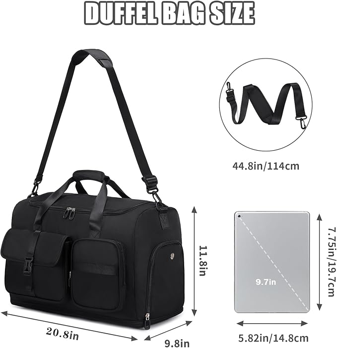 Women's Gym Bag Travel Duffel 40L Expandable 8L with Shoe Compartment Wet Pocket for Yoga Fitness Overnight Weekender Black
