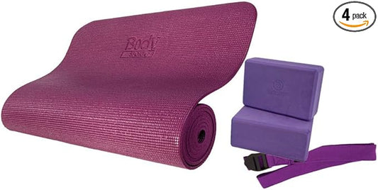 Body Sport 4-Piece Yoga Kit, (1) 72 in. x 1/4 in. Fitness Mat, (2) Purple Blocks, (1) 6 ft. Exercise Strap - Beginner Set for Home Fitness & Gym Workouts