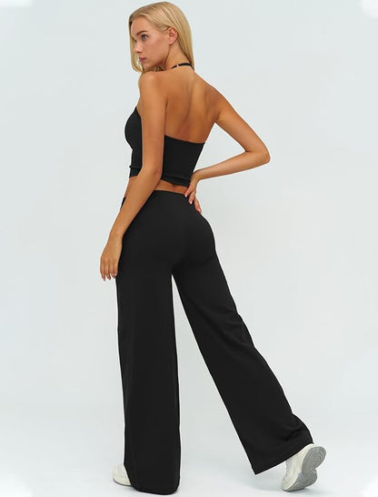 Womens Workout Sets Two Piece Spaghetti Straps Crop Top Matching Straight Leg Pants Gym Work Pilates Outfits