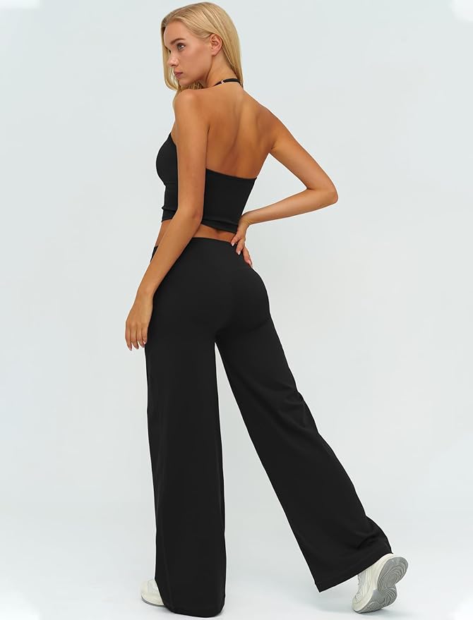 Womens Workout Sets Two Piece Spaghetti Straps Crop Top Matching Straight Leg Pants Gym Work Pilates Outfits