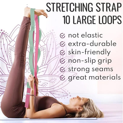 TECEUM Stretching Strap for Yoga & Physical Therapy – 10 Loops – Non-elastic Leg Stretch Straps for Stretching, Exercising, Pilates, Post-injury Rehabilitation for All Levels – Men & Women