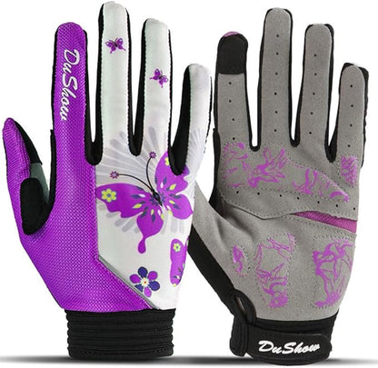 DuShow Bike Gloves for Women Cycling,Pink Floral Workout Gloves Women,Full Finger Biking Driving Riding Gloves for Women,Gel Padded Touch Screen Gym Gloves