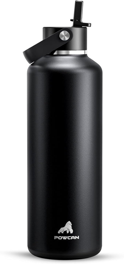 POWCAN 32oz Stainless Steel Slim Water Bottle: Sweatproof, Flex Cap, Lightweight, Standard Mouth, Top Handle, Vacuum Insulated Flask with straw for Office, Home, Commute, Workouts (Midnight Black)