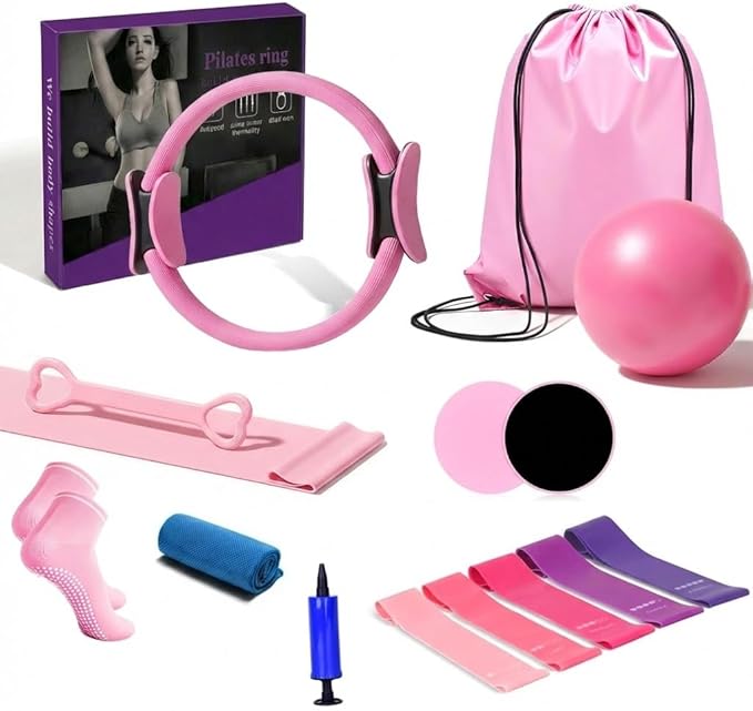 15PCS Pilates Kit for Home Workouts - Complete Set with Pilates Ring, Exercise Ball, Resistance Bands, Core Sliders & Workout Guide - Full Body Toning & Core Strength for Women Beginners