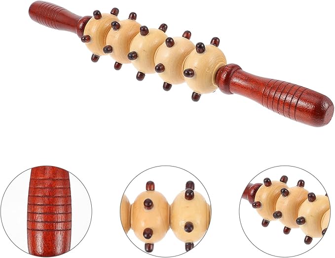 ibasenice Wooden Belly Roller Massager Spiked Five-roll Design, Portable Multipurpose Body Relaxing Fitness Roller for Muscle Massage and Pressure Point Therapy