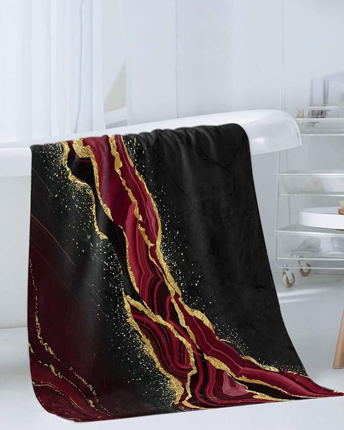 Marble Red Bath Towels for Bathroom Set - Luxury Towels Gifts for Women,Quick Dry Beach Kitchen Hand Hair Face Yoga Workout Gym Towel and Dish Washcloth,Gradient Abstract Modern Minimalist Black Gold
