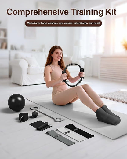 Pilates kit for Women Home Workout, Pilates Equipment Ring and Ball Set with 3 Fabric Resistance Bands, Massage Ball, Pilates Starter Kit for Strength, Toning, Including Workout Guide