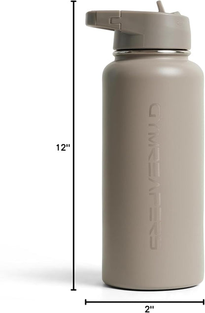 Gymreapers Insulated Water Bottle - Stainless Steel 32 Oz, 3 lids (Straw, Chug, Canteen), Double Walled Vacuum Insulation, Thermo Mug Cold Hot - Durable Powder Coated Finish