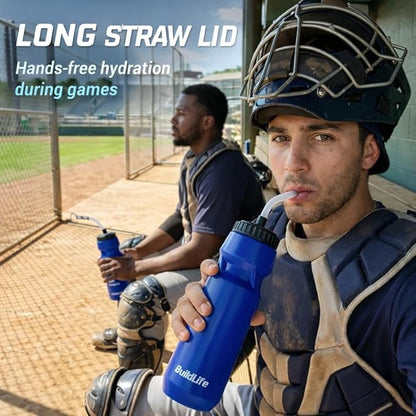 Hockey Water Bottle with Long Straw - 32 OZ Squeeze Sports Water Bottles 2 Pack with 2 Lids Each(Straw and Squeeze),Lacrosse Water Bottle for Helmet Hockey,Football,Boxing,BPA Free,Dishwash Safe(Blue)