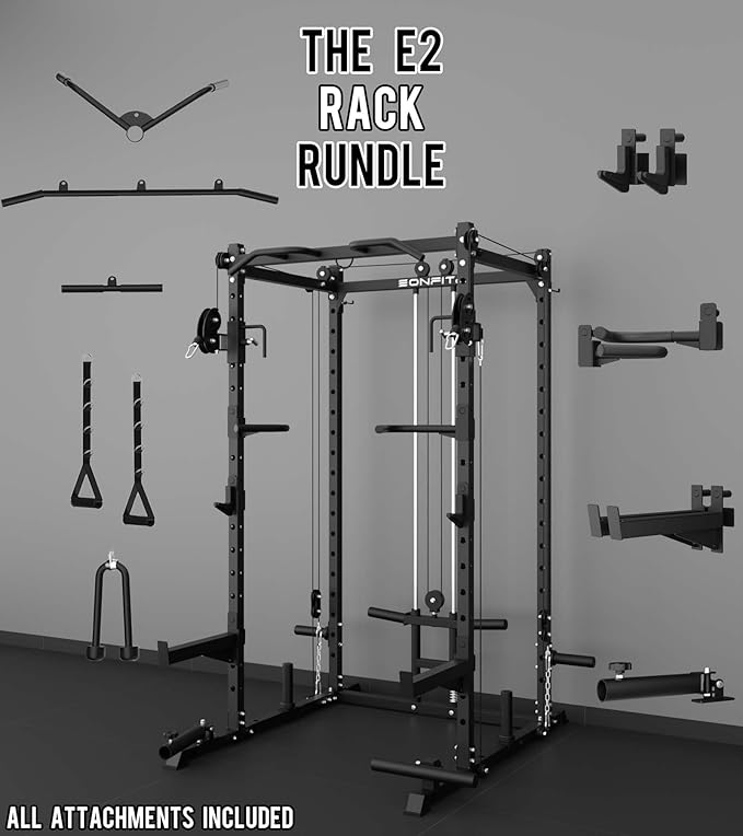 Eonfit E2 Power Cage，1500LB Squat Rack with Cable Crossover System.Multi-Function Power Rack for Home Gum.All-in-One Squat Rack with More Training Attachments
