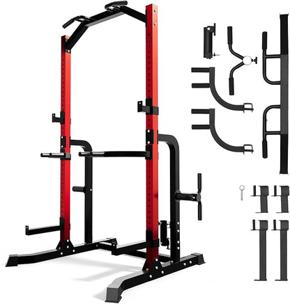 Outdoor Basic Power Cage Squat Rack with Pull-Up Bar & Dip Station, Multi-Functional Home Gym Power Rack Includes J-Hooks, Weight Plate Storage, Barbell Storage, for Weightlifting & Strength Training
