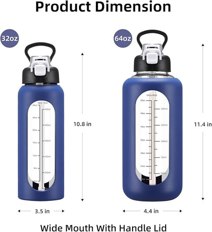 32 oz Glass Water Bolttles with Straw Large Motivational Water Bottle with Time Marker Sports Water Bottles with Silicone Sleeve and Handle Lid Water Jug for Gym Workout