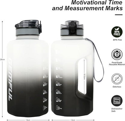 GEMFUL Half Gallon Water Bottle with Time Marker 74oz BPA-Free Leakproof Jug for Gym Workout 2.2L Large Capacity (White/Black no Straw)