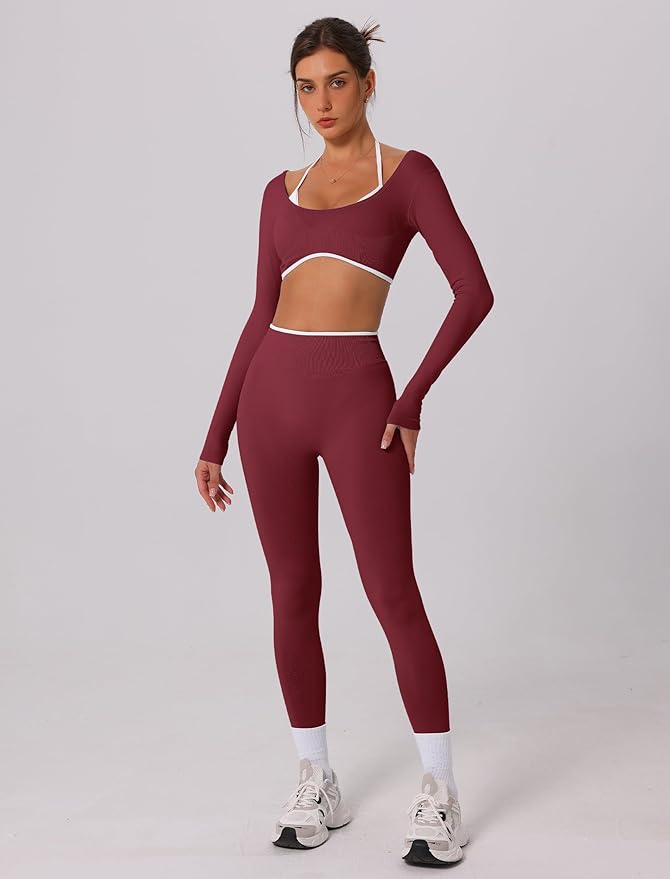 ABOCIW Workout Sets for Women Long Sleeve Crop Top Scrunch Butt Lifting High Waist Leggings 2 Piece Gym Yoga Outfits