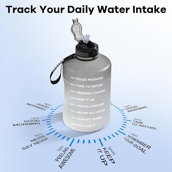 Big Reusable Sport Water Jug with non-slip handle, 1 Gallon Water Bottle with Straw and Time Marker, for All Day Hydration, Exercise and Outdoor (Black White)