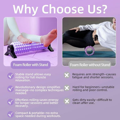 RUNWE Foam Roller with Stand - Bracket Foam Roller for Back Pain, 21 inch Trigger Point Deep Tissue Massage Roller, Medium Density Grid Bracket Foam Rollers, Leg Roller for Muscles Deep Tissue