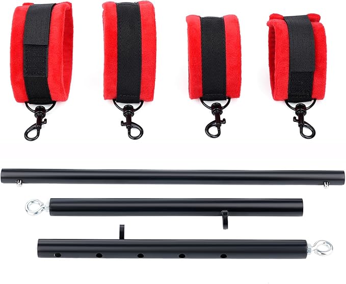 Spreader Bar Heavy Duty Stainless Steel Expandable Bar Home Gym with 4pcs Furry Crocodile Red Adjustable Strap,Sports Aid Training Pilates Aid Kit,Indoor Yoga Set