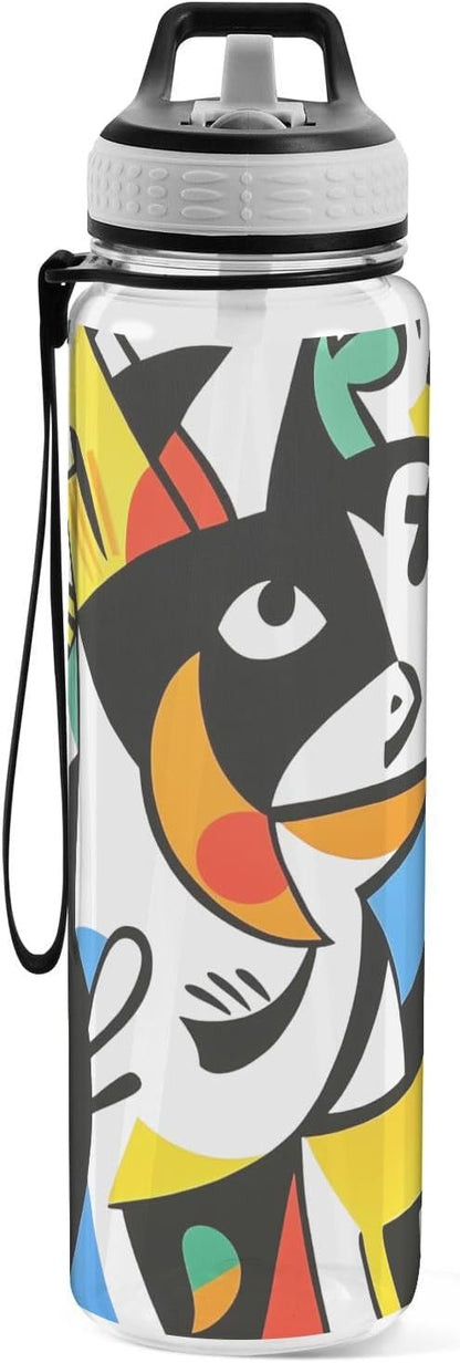 Fustylead Imaginary Animals in Picasso-style 32 oz Water Bottle with Straw, Leakproof Clear Sport Bottles for Women Men Outdoor Sport Drinking