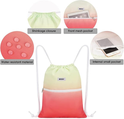 WANDF Drawstring Backpack String Bag Sackpack Cinch Water Resistant Nylon for Sport Yoga Gym Shopping (Red-Green Gradient)