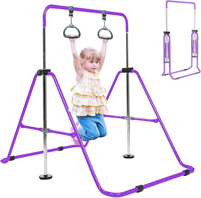 Amrta Foldable Gymnastics Bar with Rings, Adjustable Collapsible Horizontal Training Equipment Set for Indoor Outdoor Home Use Gym Gift in Pink Purple Blue