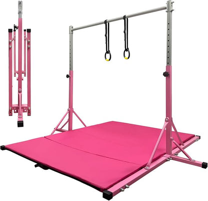 Gymnastics Bar for Kids Girls Ages 3-15 with Ring for Home Indoor Training Equipment- Steady Steel Construction, Anti-Slip, Easy to Assemble, 3' to 5' Adjustable Height