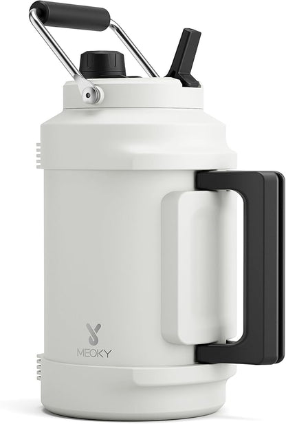 1 Gallon Insulated Water Bottle for Sports: Meoky 128 oz Triple Wall Vacuum Stainless Steel Water Jug - Top and Side Handles, Cold for 48 Hrs, 2-in-1 Straw and Spout Lid, Leak Proof for Hiking (Ivory)