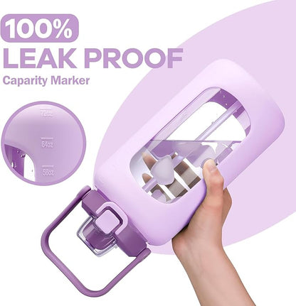 72oz Glass Water Bolttles, 3-in-1 Straw and Sip Spout Handle Lid, Half Gallon Water Bottle with Time Marker and Silicone Sleeve, BPA-Free Sports Water Bottle for Gym, School, Lilac