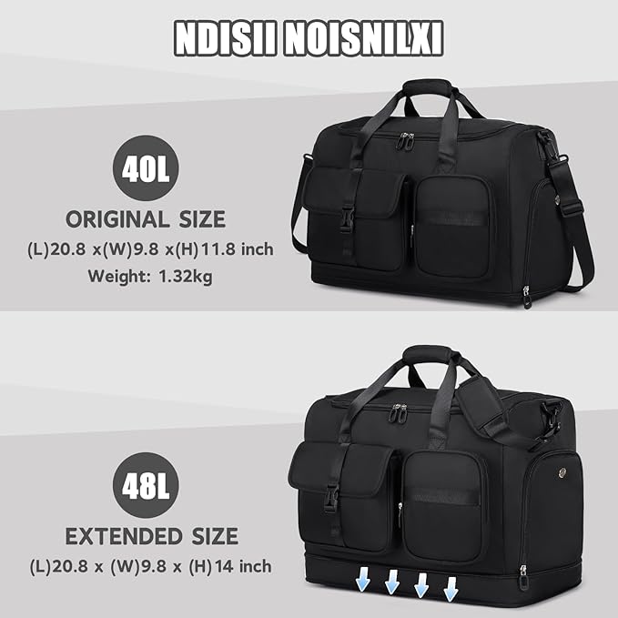 Women's Gym Bag Travel Duffel 40L Expandable 8L with Shoe Compartment Wet Pocket for Yoga Fitness Overnight Weekender Black