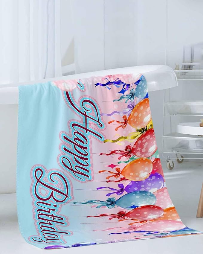 Happy Birthday Bath Towels Set of 3 for Bathroom,Soft Absorbent Shower Beach Hand Face Hair Yoga Workout Gym Towel Dish Wahcloth,Colorful Balloons Bow Gradient Modern Blue Quick Dry Bath Towels+Set