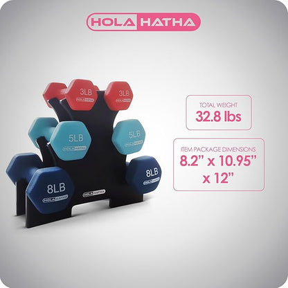 HolaHatha 2, 3, 5, 8, and 10 Pound Neoprene Dumbbell Free Hand Weight Set with Rack, Ideal for Home Exercises to Gain Tone and Definition, Pastel