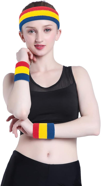 ONUPGO Sweatband Set Sports Headband Wristband Set Sweatbands Terry Cloth Wristband Wrist Sweatband Headbands Moisture Wicking Sweat Absorbing Head Band