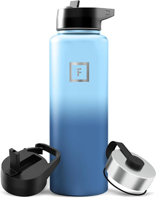 IRON °FLASK Camping & Hiking Hydration Flask with Straw, Wide Mouth Insulated Stainless Steel Sports Water Bottle - 40 oz Blue Waves