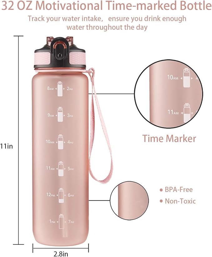 EYQ 32 oz Water Bottle with Time Marker, Carry Strap, Leak-Proof Tritan BPA-Free, Ensure You Drink Enough Water for Fitness, Gym, Camping, Outdoor Sports