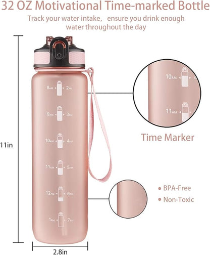 EYQ 32 oz Water Bottle with Time Marker, Carry Strap, Leak-Proof Tritan BPA-Free, Ensure You Drink Enough Water for Fitness, Gym, Camping, Outdoor Sports