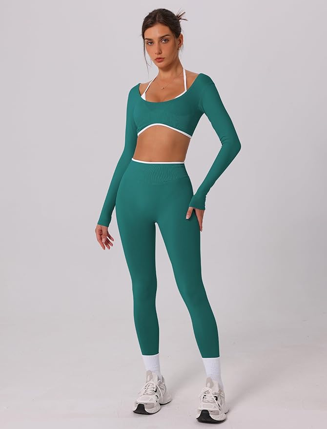 ABOCIW Workout Sets for Women Long Sleeve Crop Top Scrunch Butt Lifting High Waist Leggings 2 Piece Gym Yoga Outfits