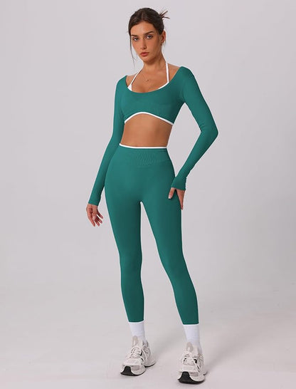 ABOCIW Workout Sets for Women Long Sleeve Crop Top Scrunch Butt Lifting High Waist Leggings 2 Piece Gym Yoga Outfits