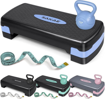 SAKAE Step Aerobics Platform Set with Kettlebell & Measuring Tape, Aerobic Steppers for Exercise at Home, Adjustable Height 2 Level Risers Workout Step Trainer with Non-Slip Surface, Multiple Colors