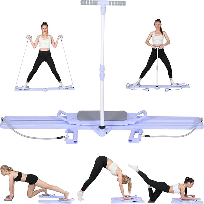 Pilates Board, Pilates Equipment Split Pilate Reformer & Ski Balance Board 5-in-1 Foldable Fitness Sliding Boards with Resistance Bands Multi-Purpose Home Pilate Kit for Full Body Workout