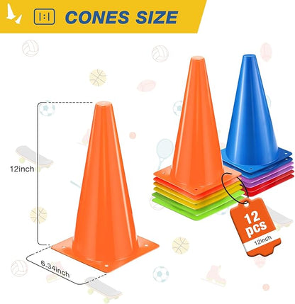 12 Inch Durable Cones,12pcs Versatile Plastic Traffic Cones and Soccer Cones for Sports Training,Agility Drills,Parking Safety,Basketball Training,Football Training.