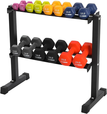 HolaHatha 146 Pound Neoprene Coated Non Slip Dumbbells with Rack for Strength Training, Includes 3, 5, 8, 10, 12, 15, & 20 Pound Sets, Multicolor