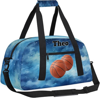 Custom Basketball Sports Bag for Men Boys, Personalized Sport Bag Travel Overnight Small Duffel Bag Gymnastics Workout Sleepover Overnight Bag, Watercolor Blue Galaxy Starry Sky
