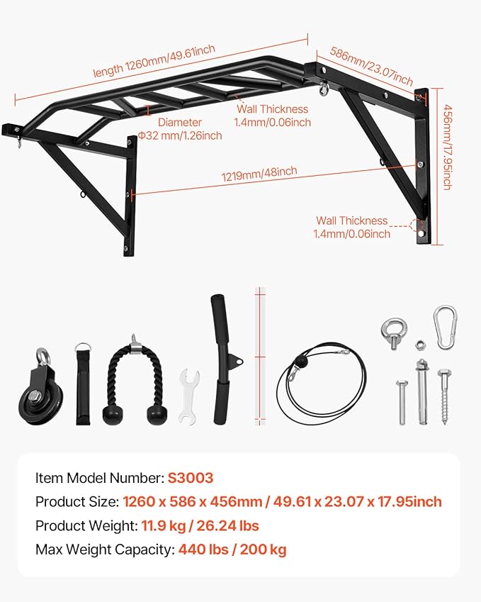 VEVOR Pull Up Bar, Multi-Grip Wall Mounted Pull Ups, 50 in Width Multifunctional Chin Up Training Station, Heavy Duty Steel Upper Body Workout Bars with Hangers, 440 lbs Weight Capacity, for Home Gym