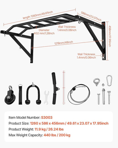 VEVOR Pull Up Bar, Multi-Grip Wall Mounted Pull Ups, 50 in Width Multifunctional Chin Up Training Station, Heavy Duty Steel Upper Body Workout Bars with Hangers, 440 lbs Weight Capacity, for Home Gym