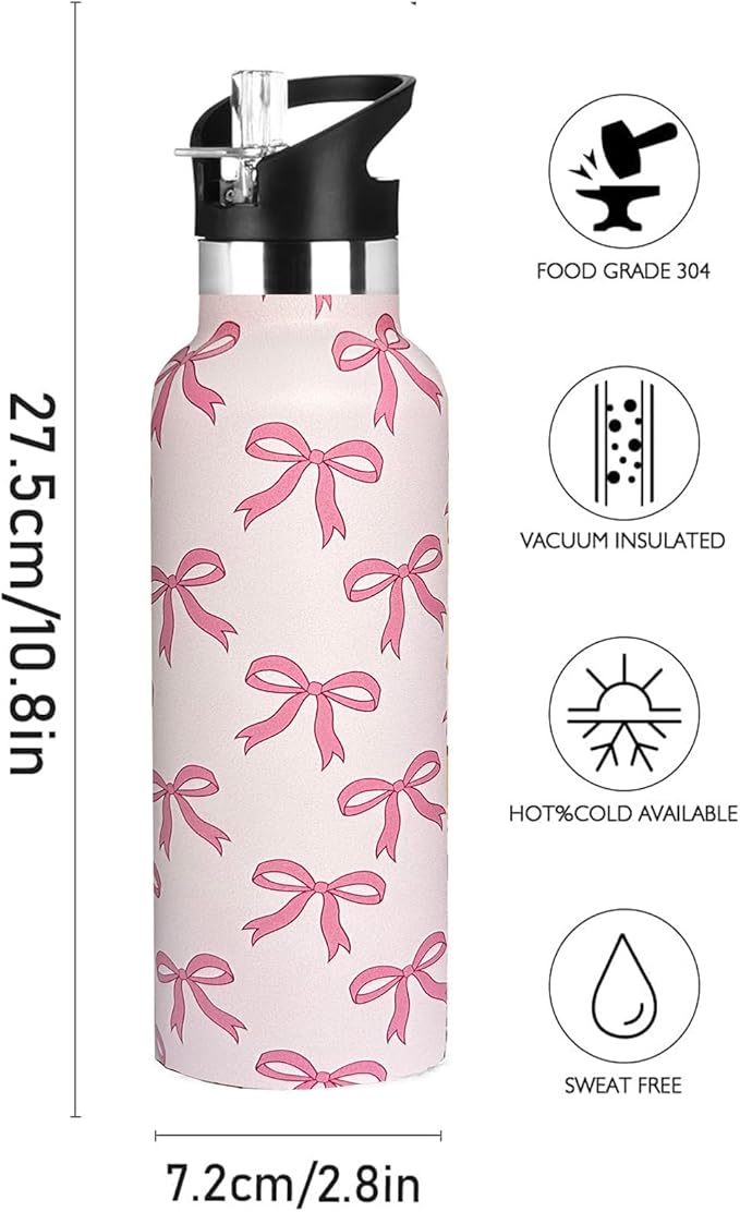 Pink Bow Sport Water Bottle with Straw, Vacuum Insulated Stainless Steel Thermal Drinking Travel Mug Cups For Gym Fitness Camping-20oz/600ml