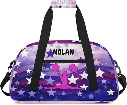 Personalized Cheerleading Bag for Girls Teens, Custom Sports Gym Bag Name Ranked Overnight Duffel Bag for Practice Gymnastics Ballet Bag, Purple Stars Cheer Girls