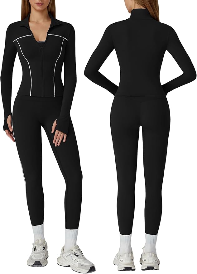 Womens workout sets Contrast Long Sleeve Jacket with Sports Bra and Butt-lifting Pants Yoga Outfits 3 Pieces Set