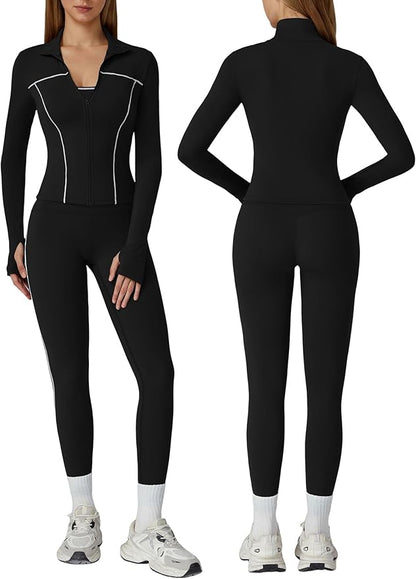 Womens workout sets Contrast Long Sleeve Jacket with Sports Bra and Butt-lifting Pants Yoga Outfits 3 Pieces Set