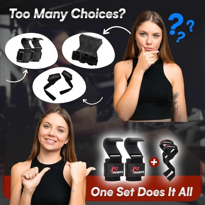 Weight Lifting Hooks & Wrist Straps Set – Lifting Hooks with Anti-Slip Grip, Adjustable Wrist Wraps for Weightlifting, Deadlifts, Powerlifting, Gym Straps for Men and Women, Black-Red