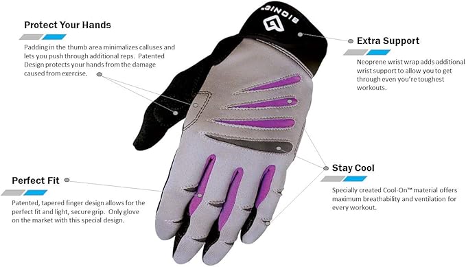 Bionic Gloves Women's Premium Full Finger Fitness Gloves, Gray/Purple (Pair)!