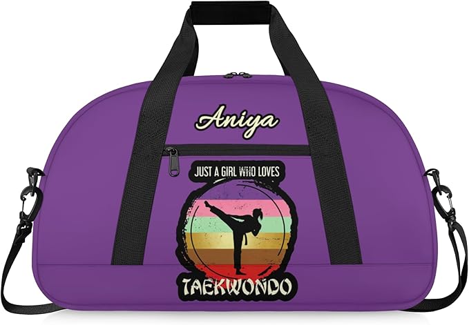 Custom Name Taekwondo Karate Duffle Bag for kids Girls - Personalized Martial Arts Gear Bag, Water-Resistant Sparring Equipment Bag, Taekwondo Purple
